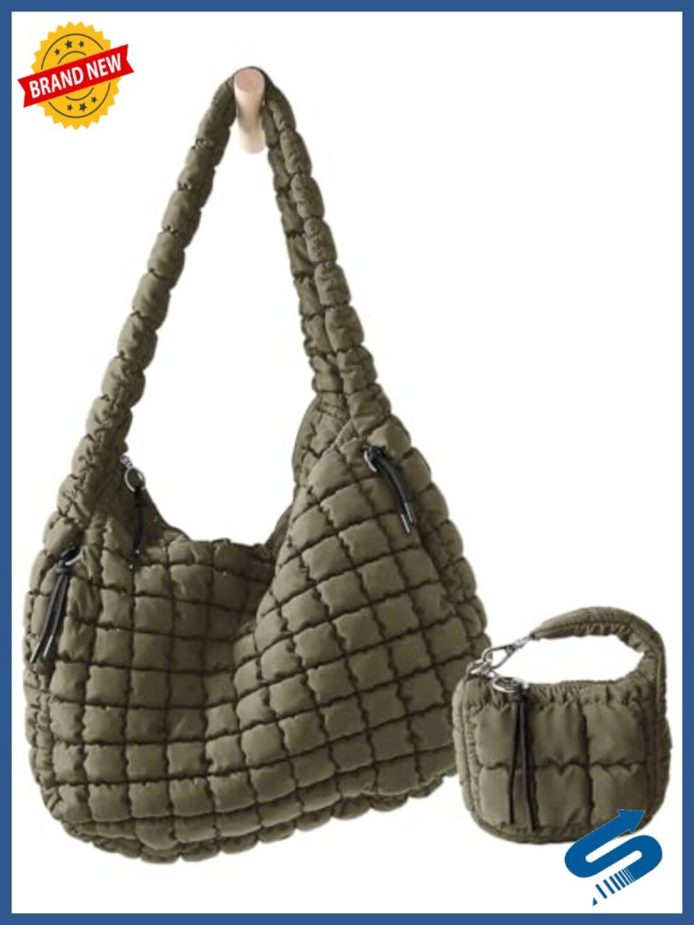 Large Quilted Puffer Tote Bag with Mini Pouch Crossbody Hobo Shoulder Purse